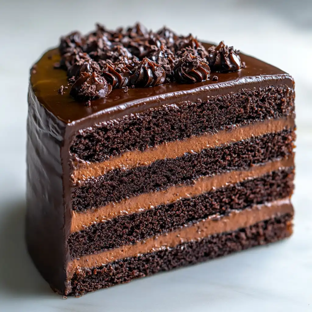 Decadent chocolate Brooklyn Blackout Cake slice on a clean white surface.
