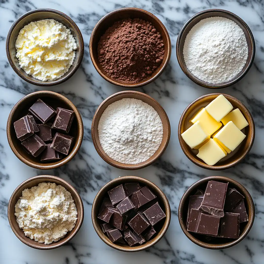 Ingredients for Brooklyn Blackout Cake arranged on a marble countertop.