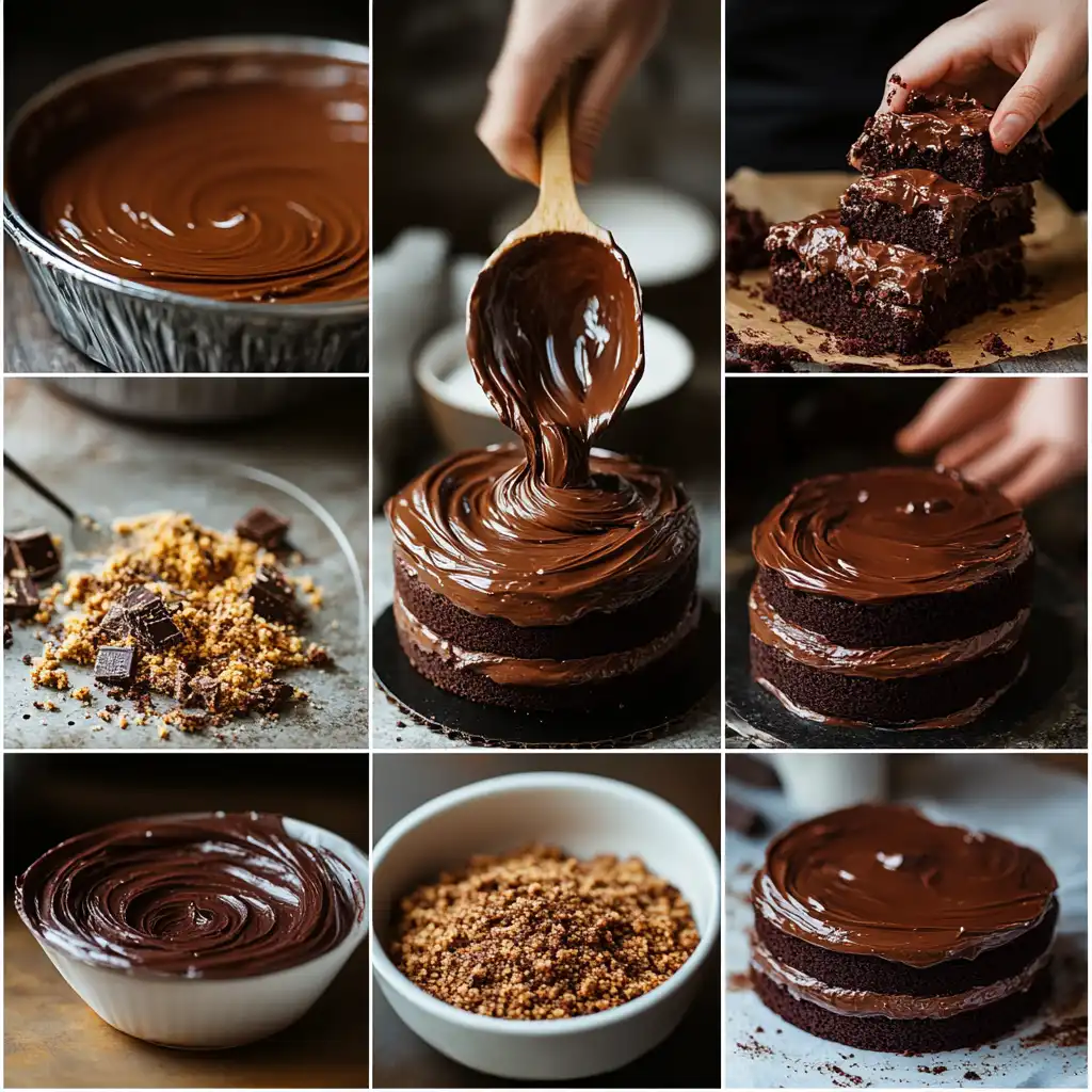 preparation of Brooklyn Blackout Cake with pudding filling and crumbs.