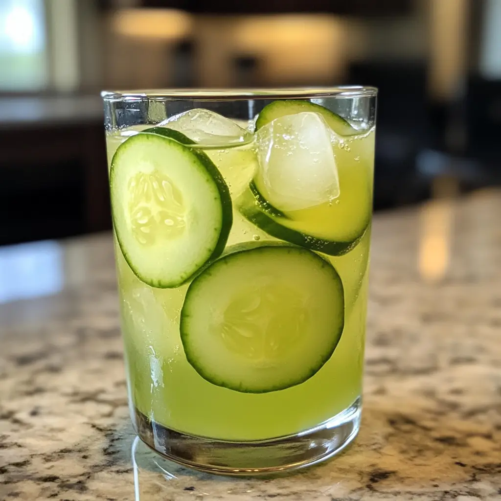 Cucumber lemonade with ice and cucumber slices in a clear glass.