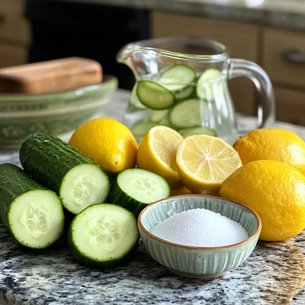 Cucumbers, lemons, sugar, and water on a kitchen counter.