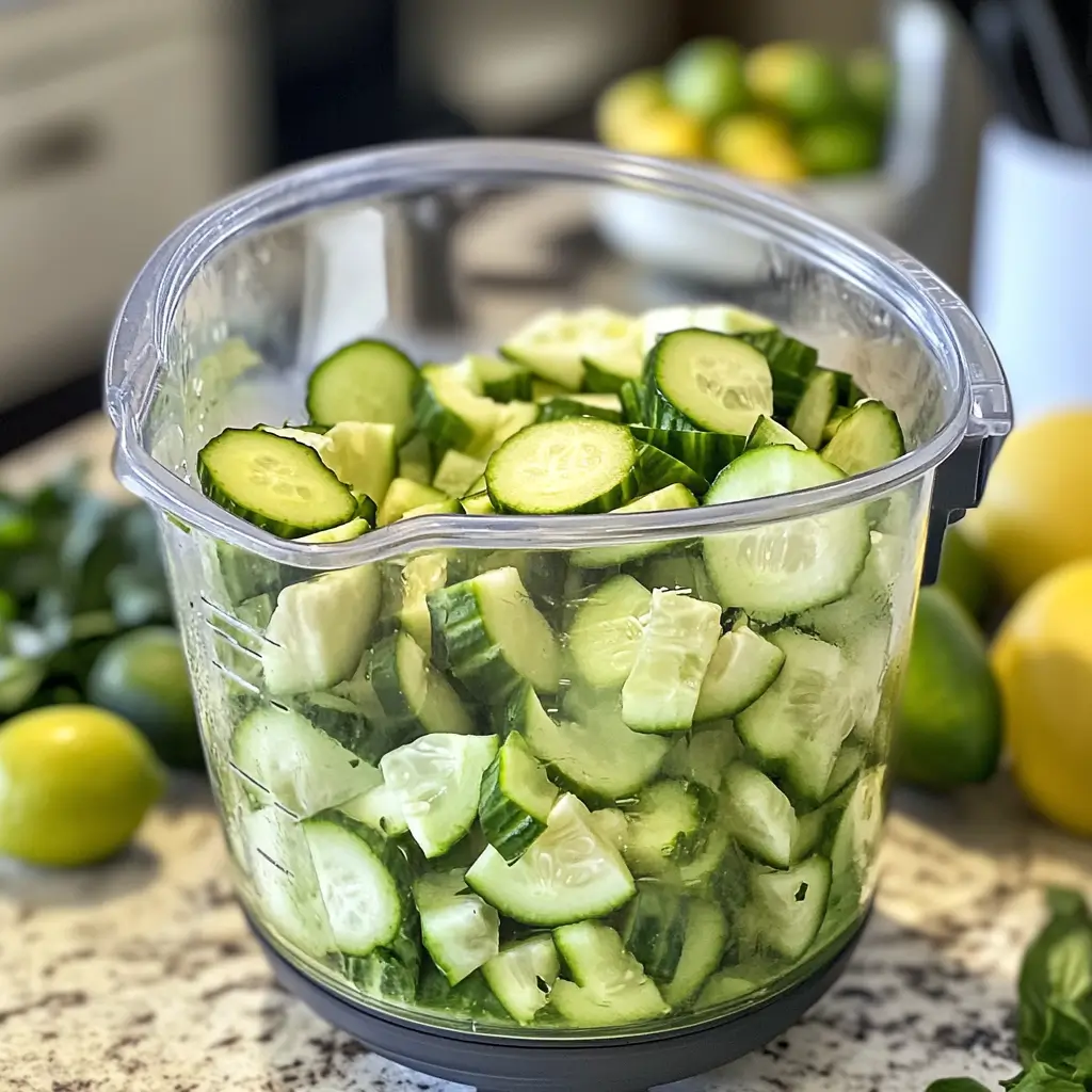 Chopped cucumbers inside a blender before blending.