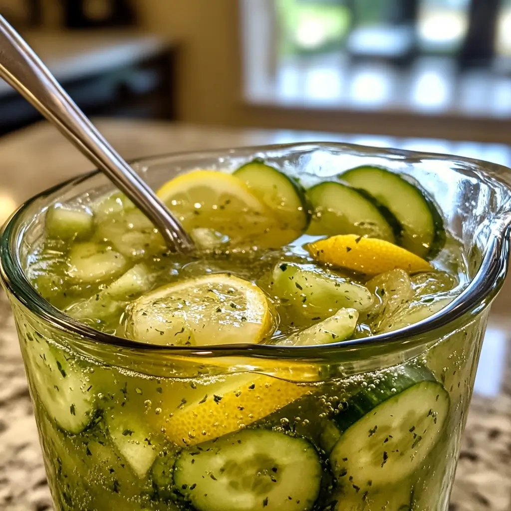 Cucumber lemonade being mixed in a pitcher on a counter.