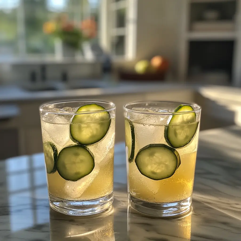 Cucumber lemonade being mixed in a pitcher on a counter.