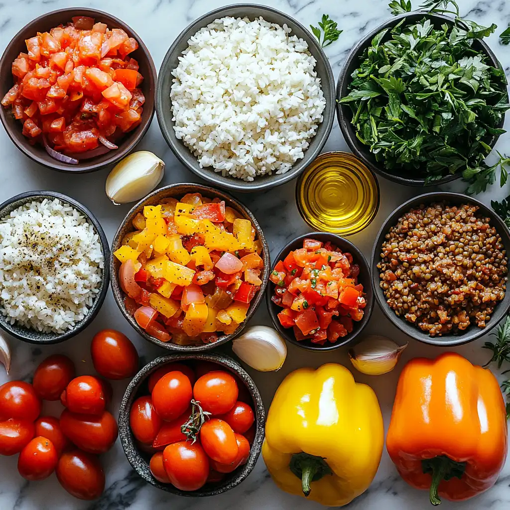 Ingredients for Mediterranean stuffed peppers neatly arranged on a marble countertop.