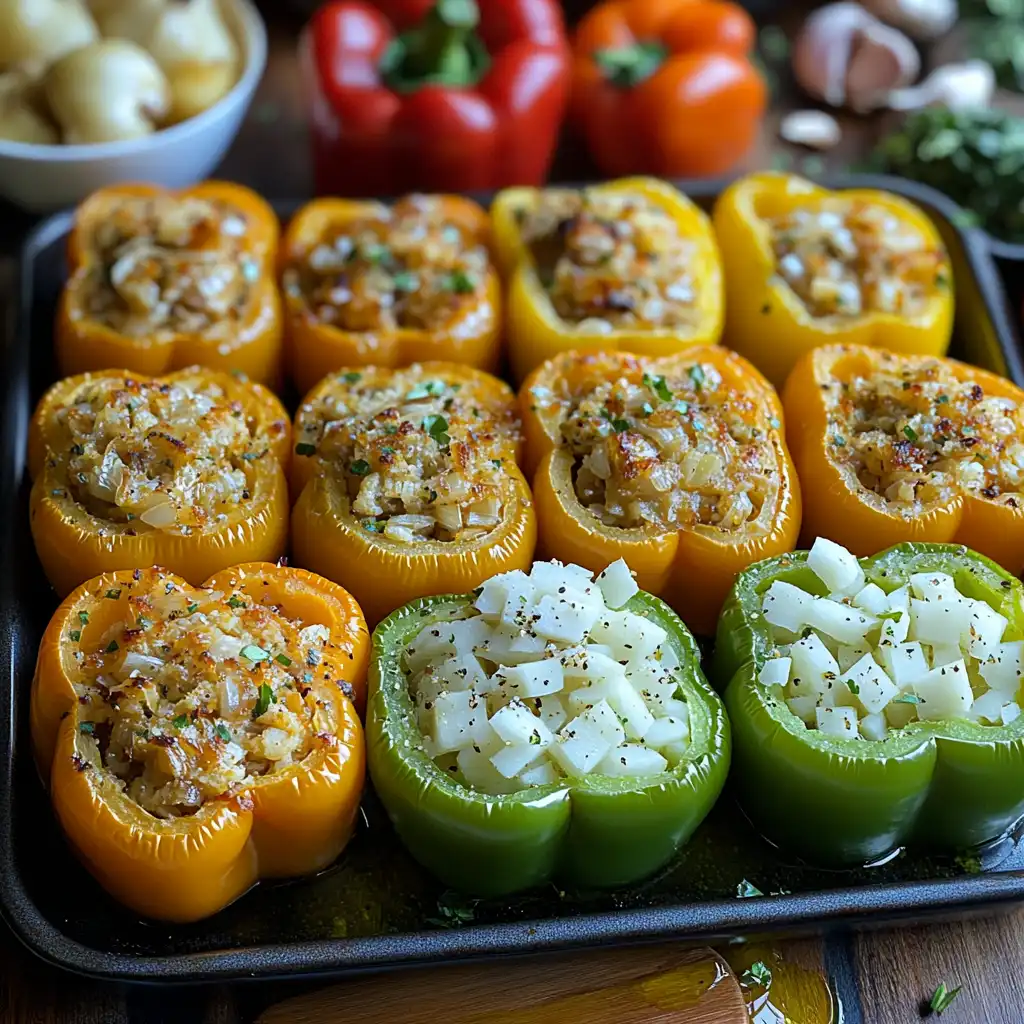 preparation process for Mediterranean stuffed peppers.