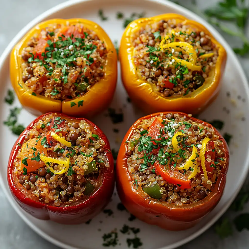 Different variations of Mediterranean stuffed peppers with rice, lentils, and feta.