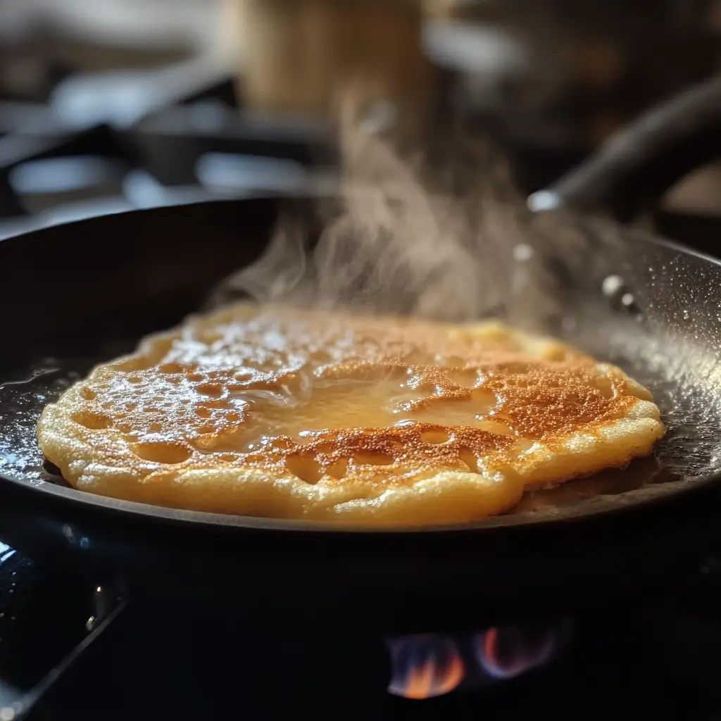 Sugarless pancakes cooking in a pan on a stovetop.