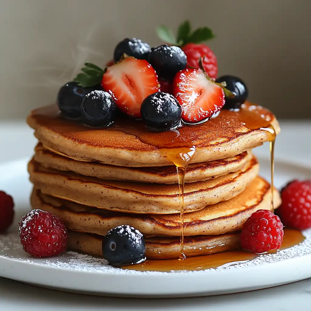 Stack of golden sugarless pancakes with berries and syrup on a clean white surface.