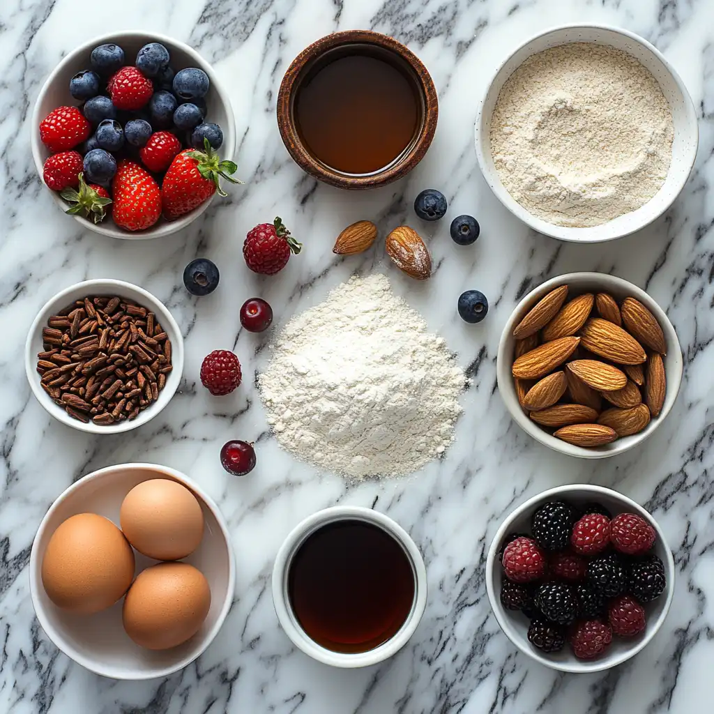 Ingredients for sugarless pancakes arranged neatly on a marble countertop.