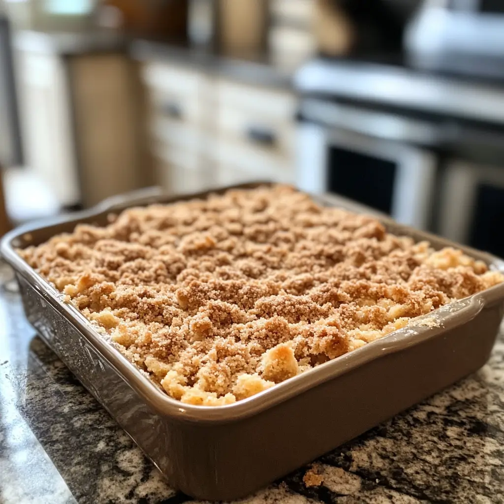 Sourdough coffee cake batter with streusel topping in a pan.