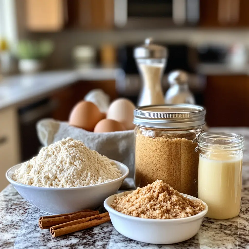 Sourdough coffee cake ingredients including sourdough starter and flour.