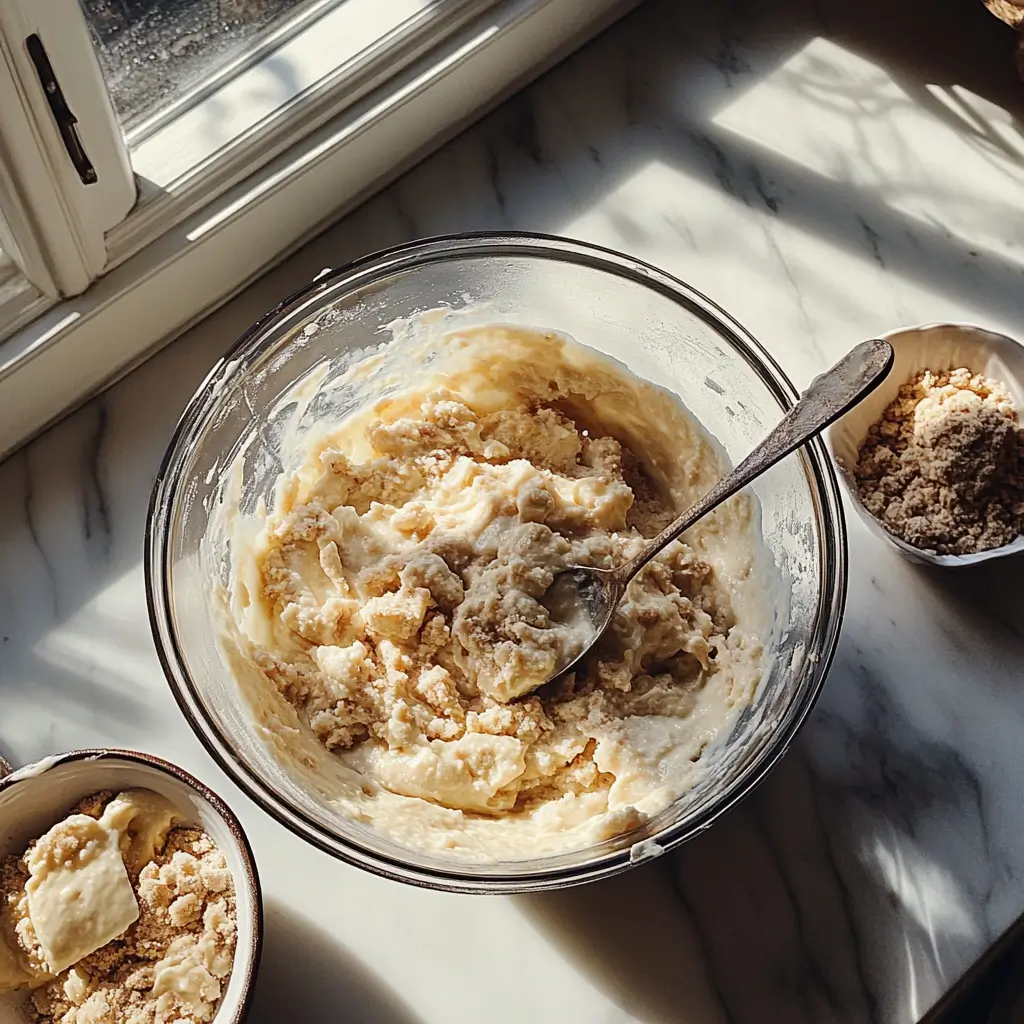 Sourdough coffee cake batter and streusel in bowls on a counter.