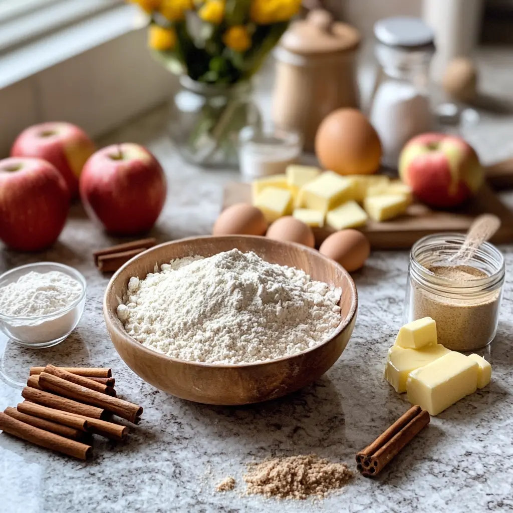 Apple cake ingredients including apples, flour, eggs, and spices.