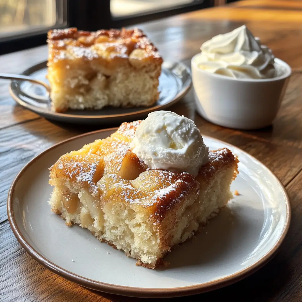 Apple cake slices served plain and with ice cream.