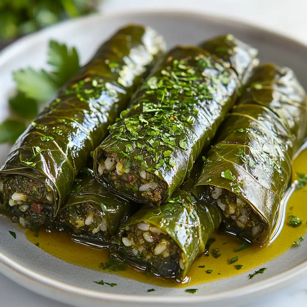 Mediterranean stuffed grape leaves filled with rice and herbs on a clean white surface.