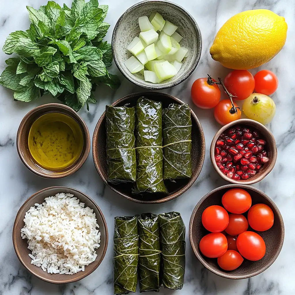 Ingredients for Mediterranean stuffed grape leaves laid out on a marble countertop.