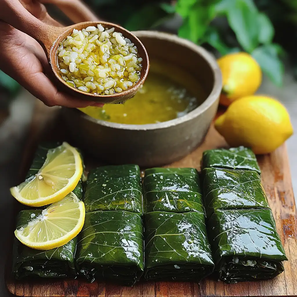 Step-by-step preparation of Mediterranean stuffed grape leaves with rice and herbs.