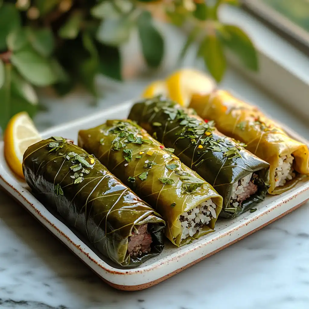 Different variations of Mediterranean stuffed grape leaves with lemon garnish.