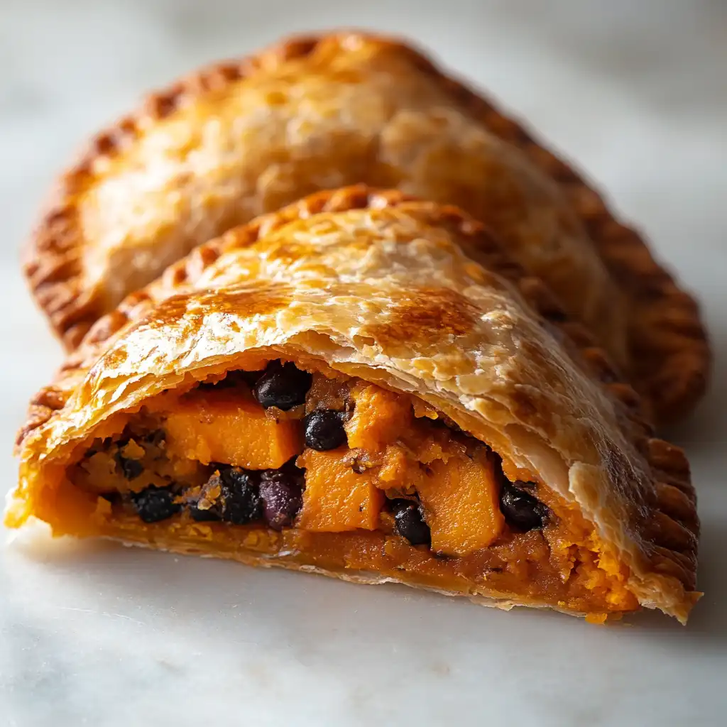 Sweet potato and black bean empanadas with golden crust on a clean white surface.