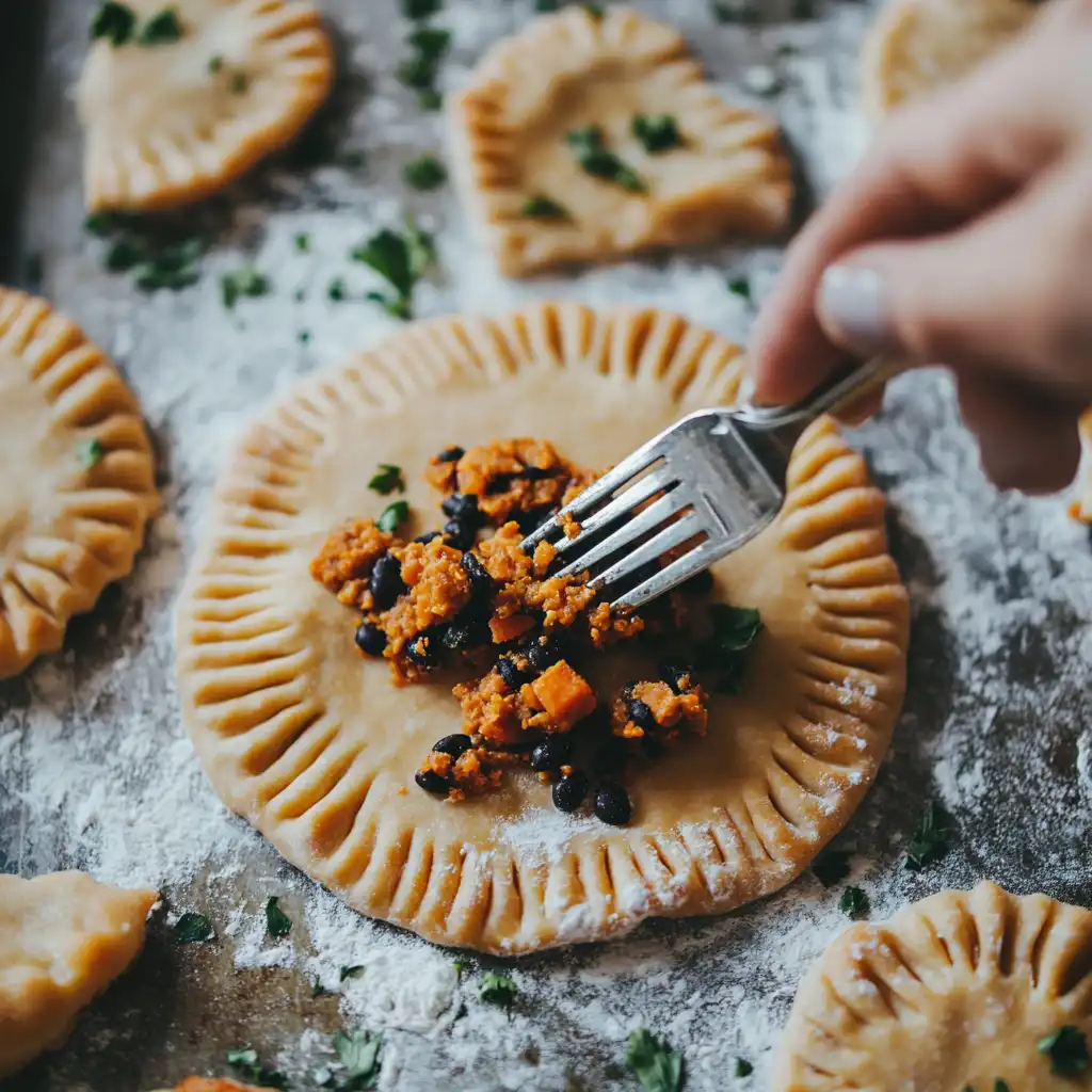 Filling empanada dough circles with sweet potato and black bean mixture on a clean surface.