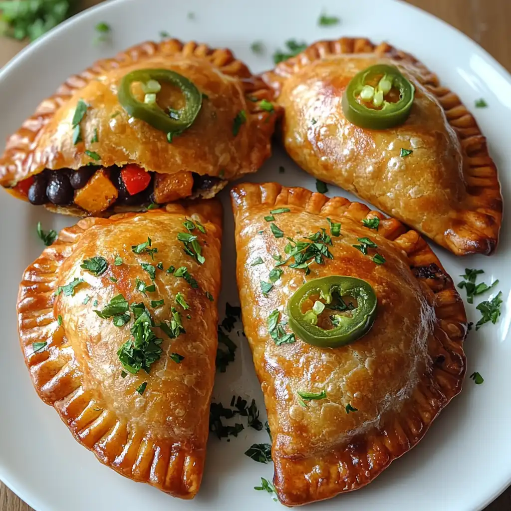 Different versions of sweet potato and black bean empanadas arranged on a white plate.