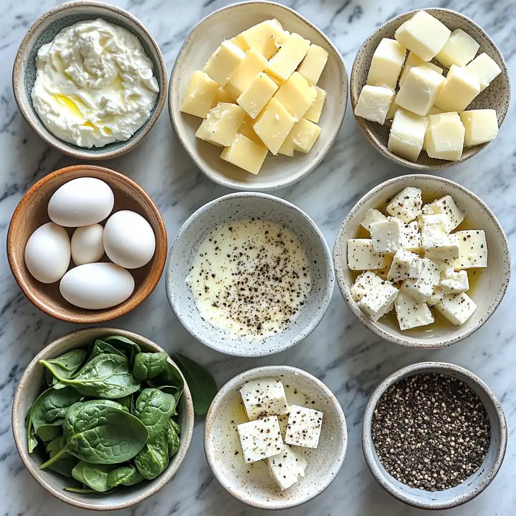 Ingredients for gluten-free spinach and feta puff pastry bites arranged on a countertop.
