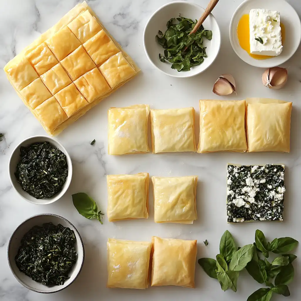 Filling gluten-free puff pastry squares with spinach and feta mixture on baking sheet.
