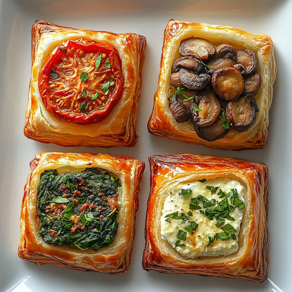 Different variations of gluten-free puff pastry bites with spinach, tomato, and mushroom fillings.