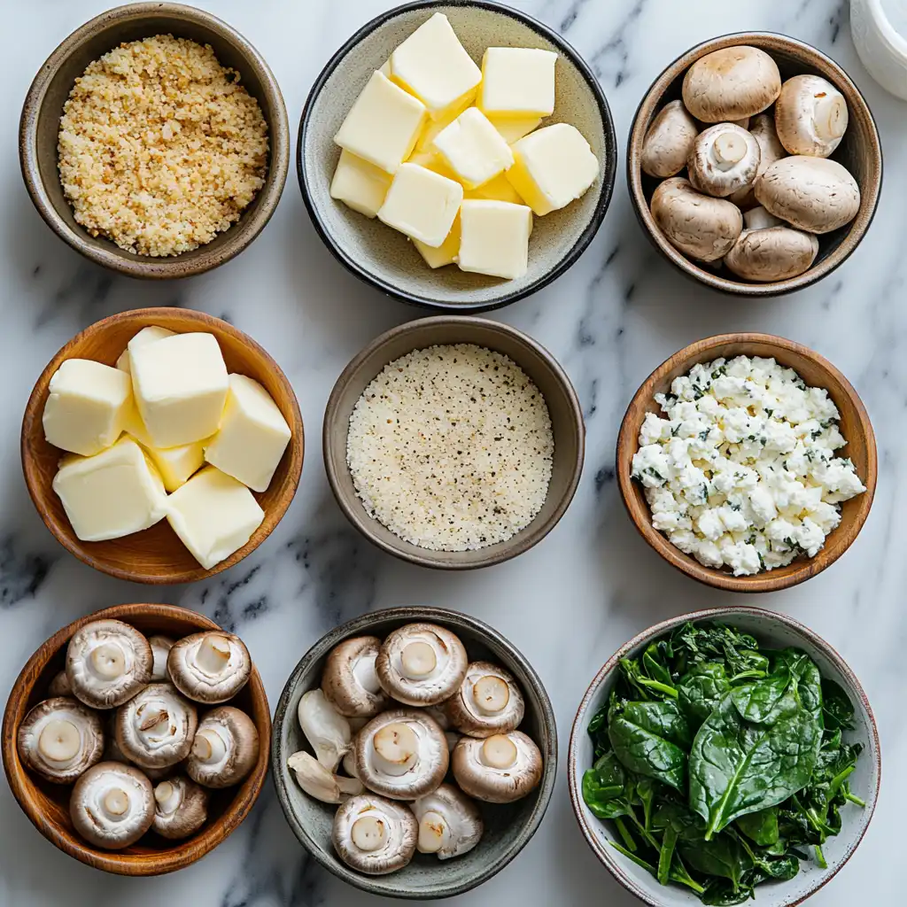 Ingredients for vegetarian stuffed mushrooms arranged on a marble countertop.