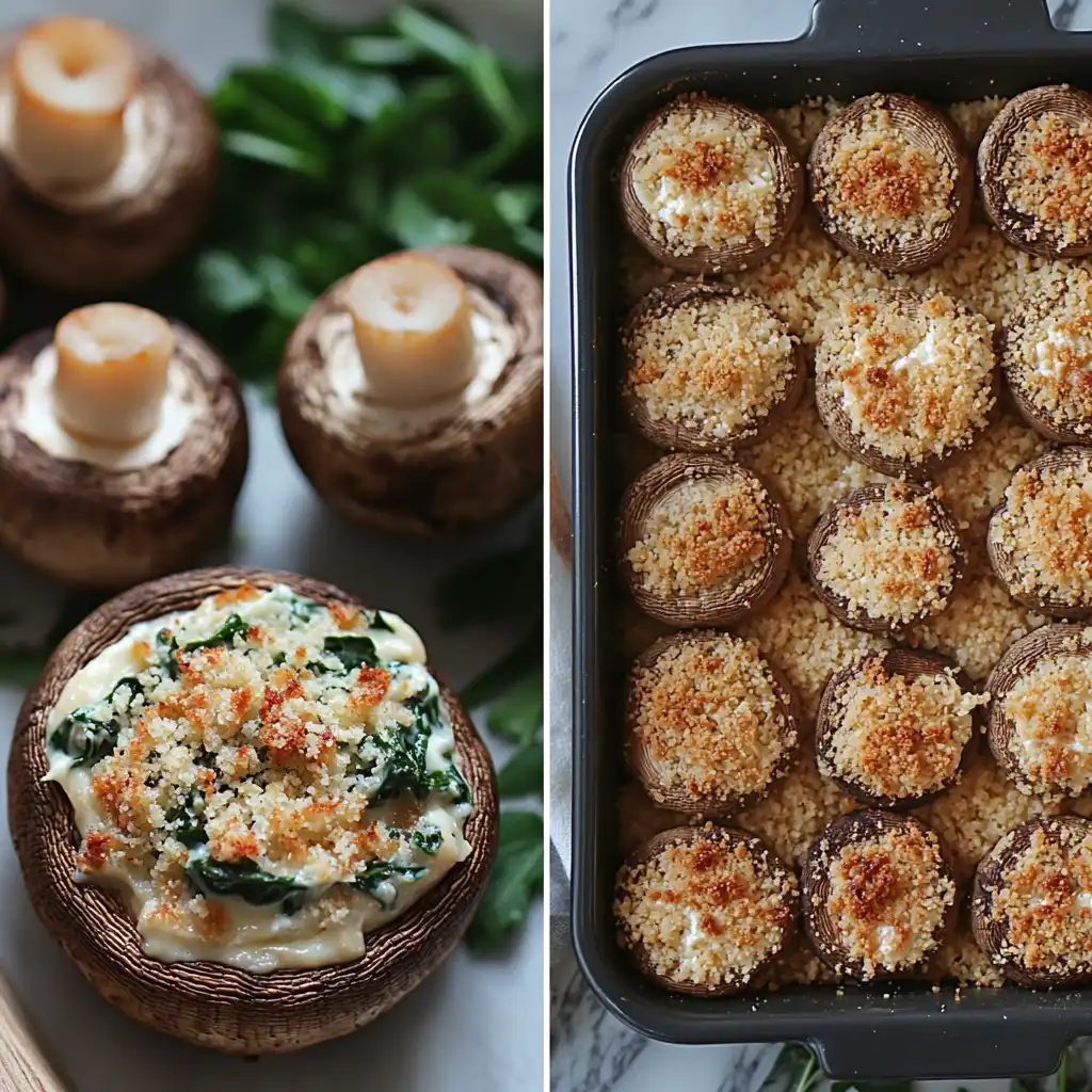 Step-by-step preparation process of vegetarian stuffed mushrooms with spinach and cheese.