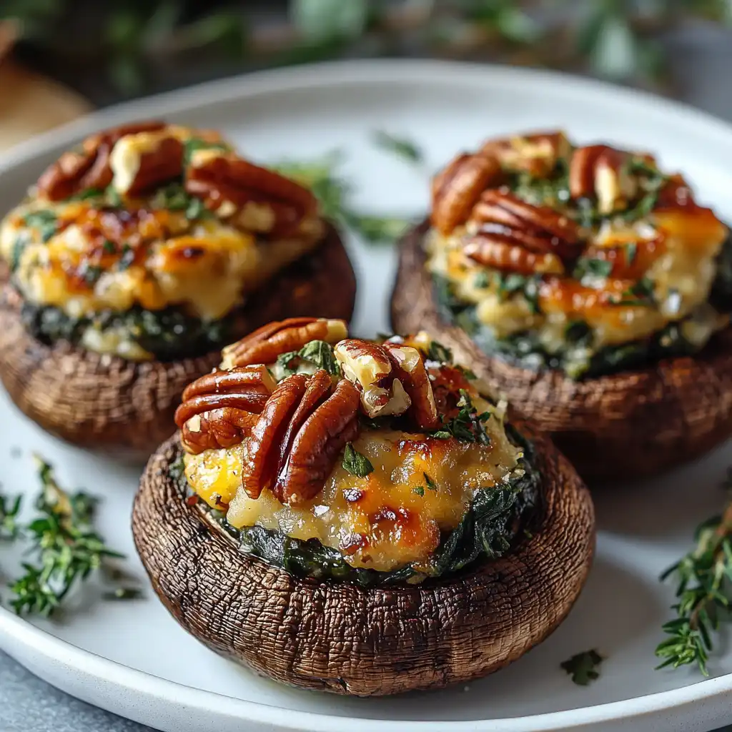 Different variations of vegetarian stuffed mushrooms with cheese and nuts.