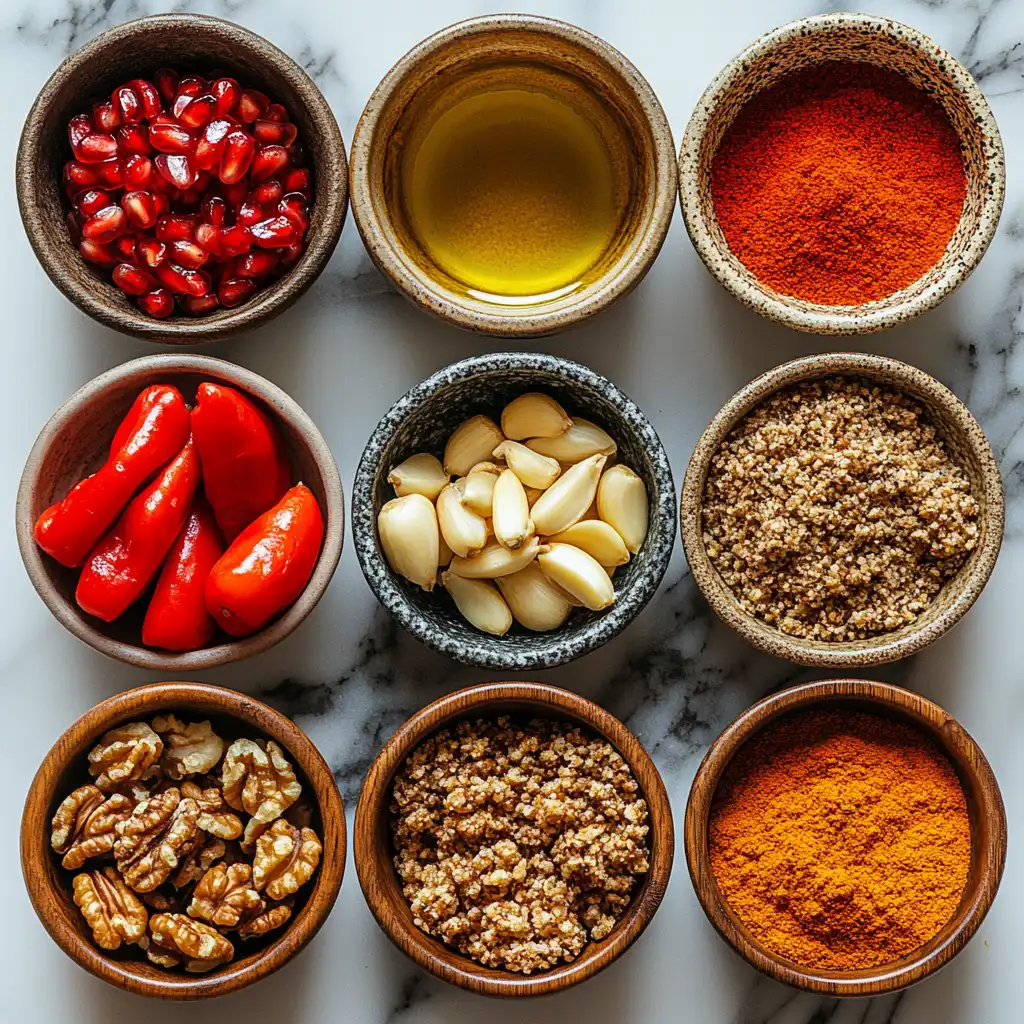 Ingredients for muhammara dip arranged on a marble countertop.