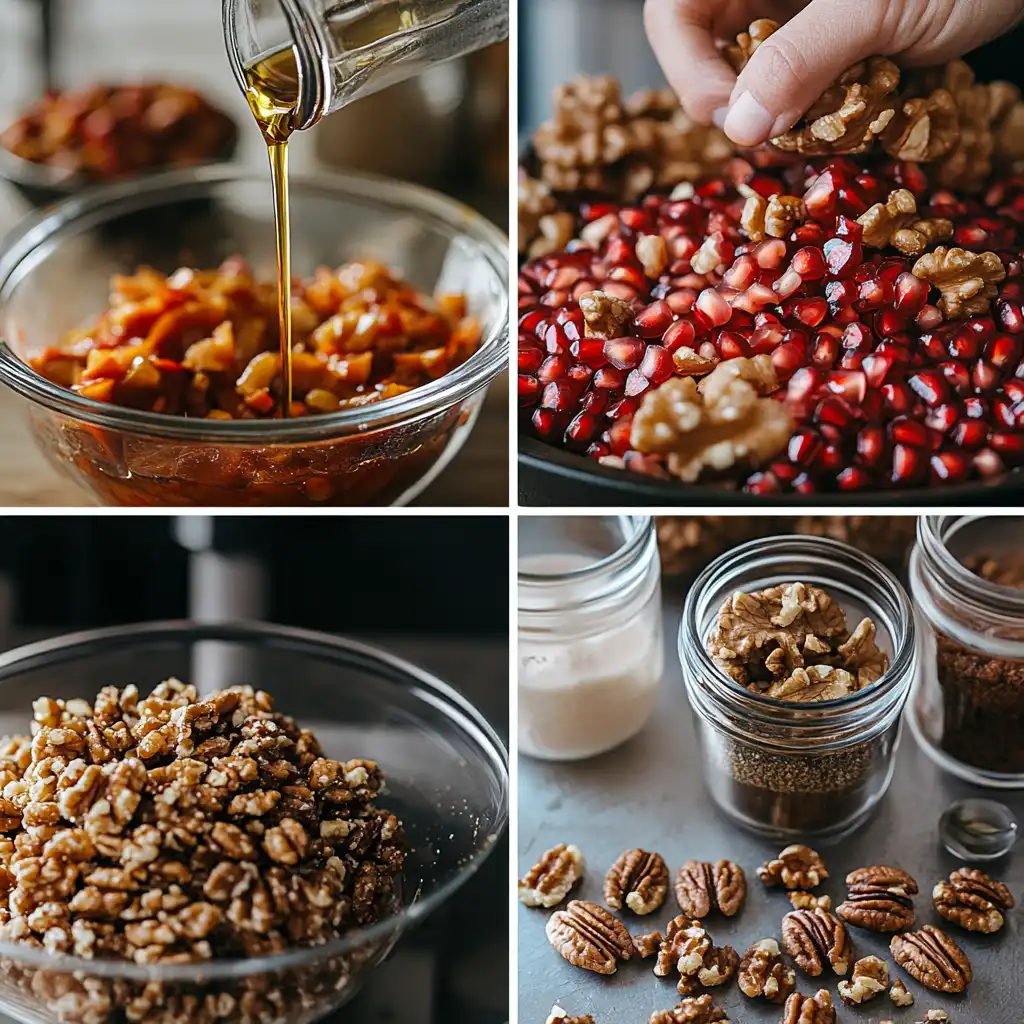 preparation of muhammara dip with red peppers and walnuts.