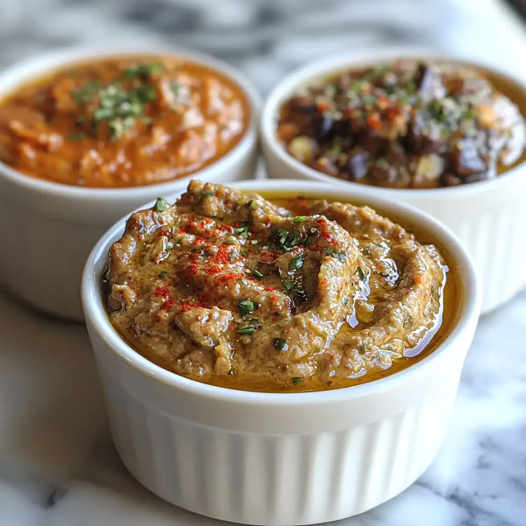 Different variations of muhammara dip with olive oil drizzle and spices.
