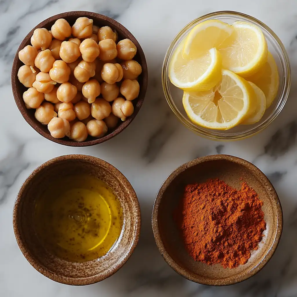 Ingredients for spicy chickpea hummus arranged neatly on a marble countertop.