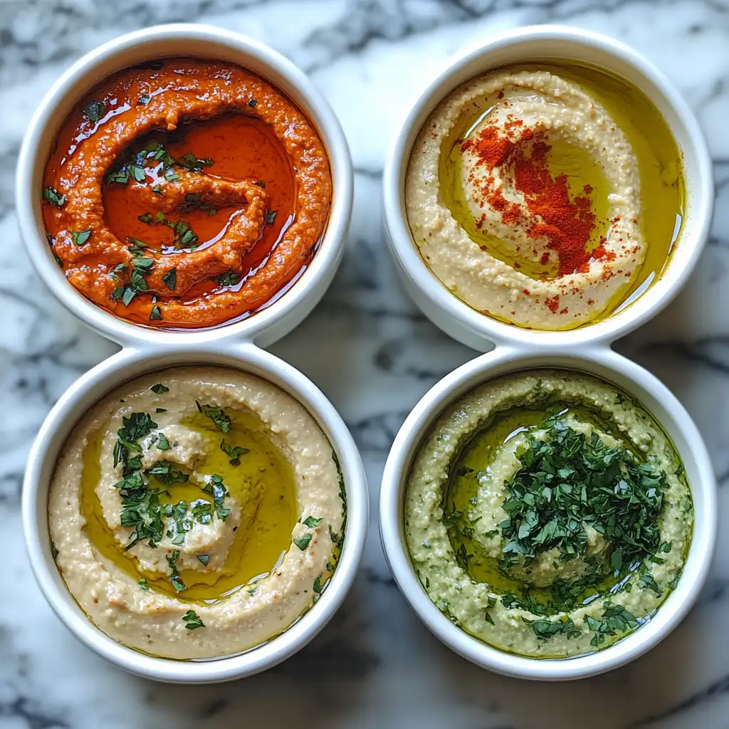Different variations of spicy hummus with chili, paprika, and herbs.