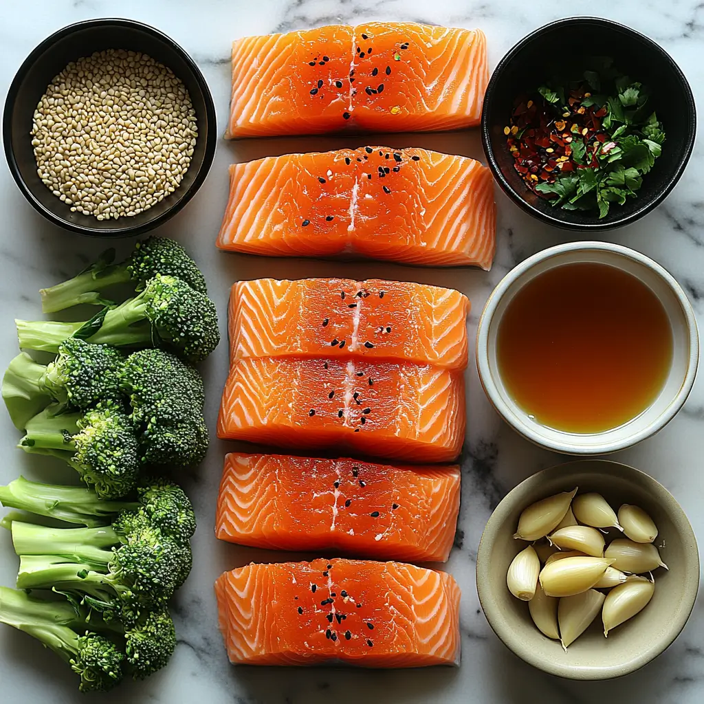 Ingredients for honey soy glazed salmon and steamed broccoli arranged neatly on a countertop.