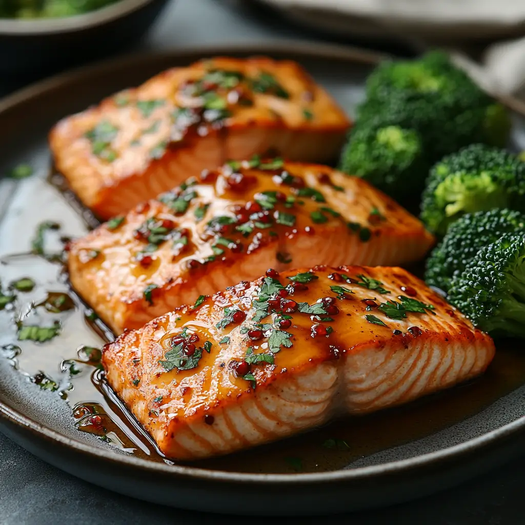 Steps showing how to make honey soy glazed salmon with steamed broccoli.