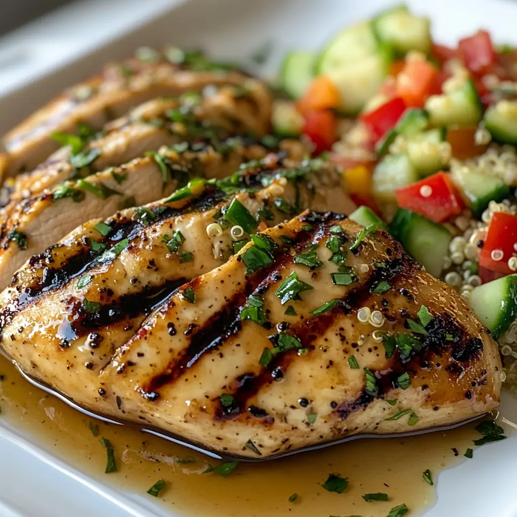 Grilled lemon herb chicken with quinoa salad on a clean white surface.