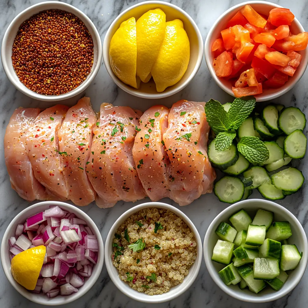 Ingredients for lemon herb grilled chicken and quinoa salad arranged neatly on a counter.