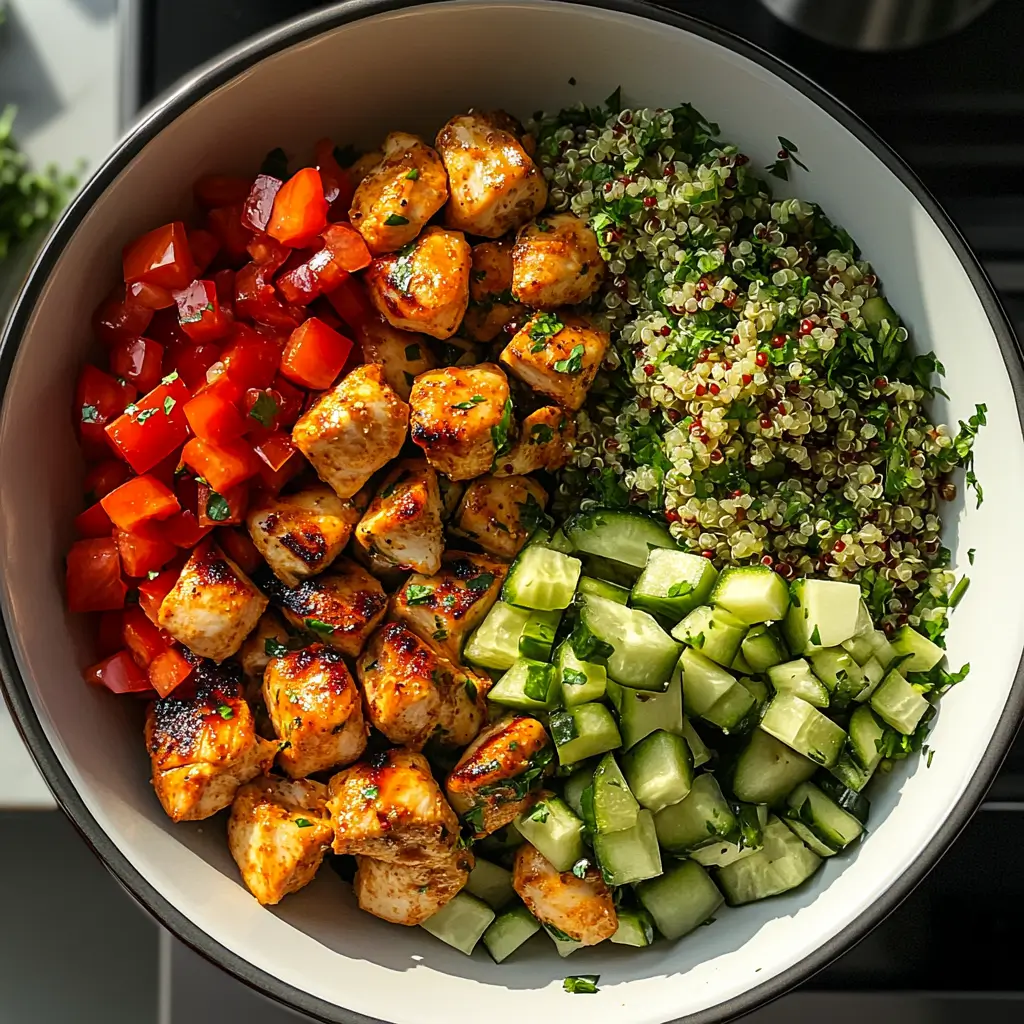 Step-by-step process of making lemon herb grilled chicken with quinoa salad.