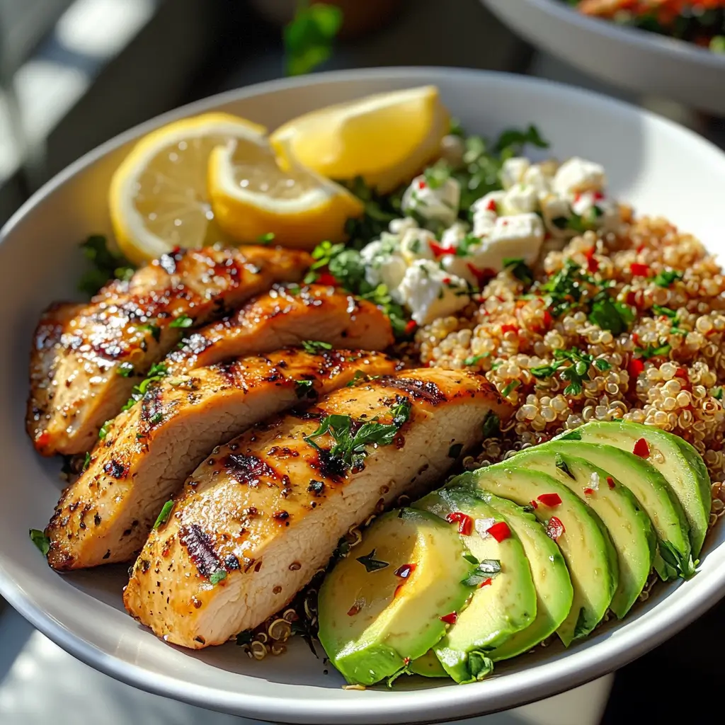 Different variations of lemon herb grilled chicken with quinoa salad.