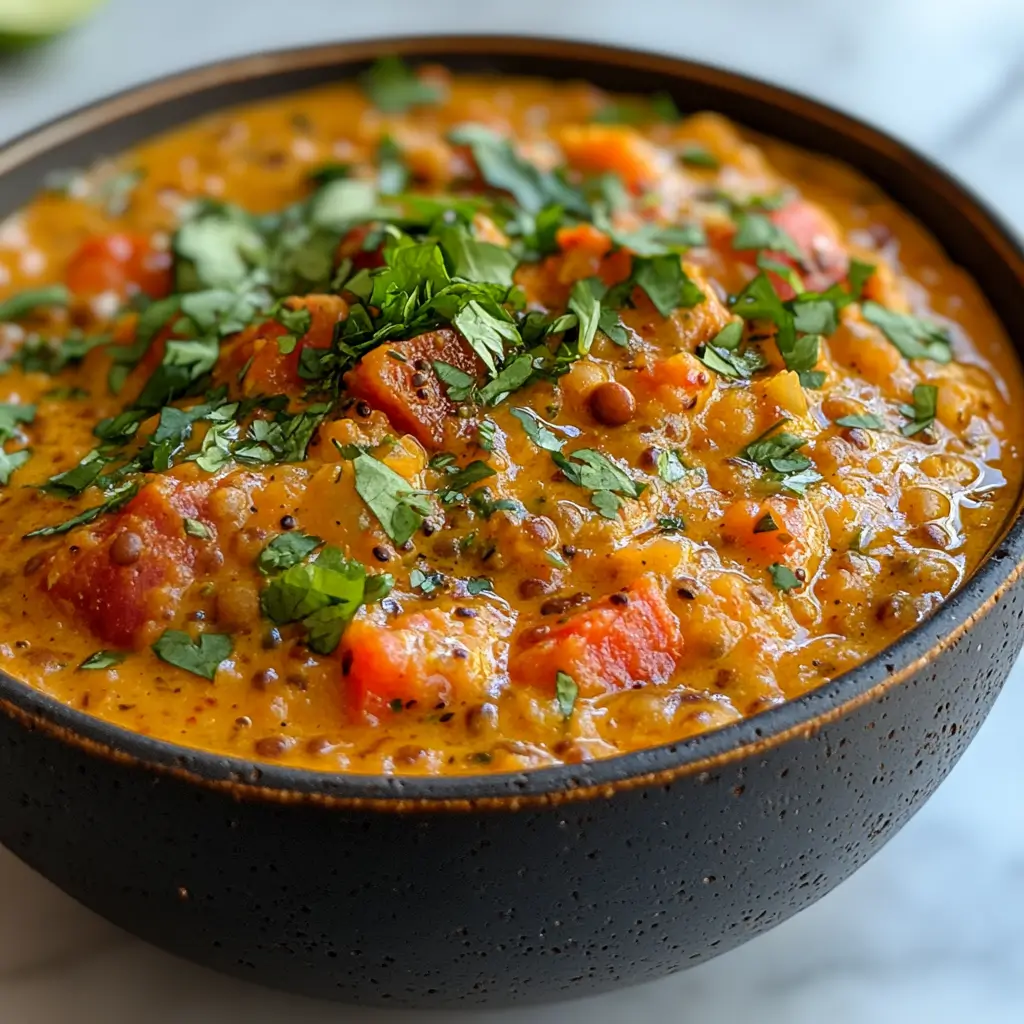 Creamy coconut lentil curry in a shallow bowl on a clean white surface.