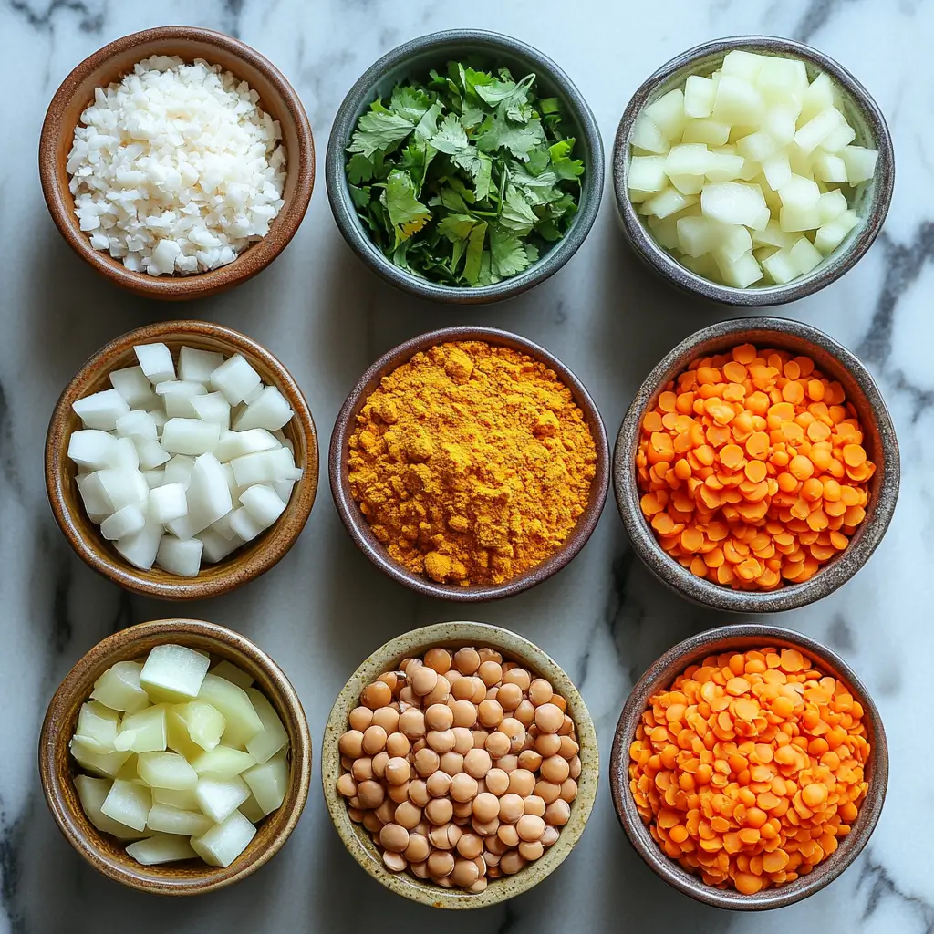 Ingredients for creamy coconut lentil curry arranged neatly