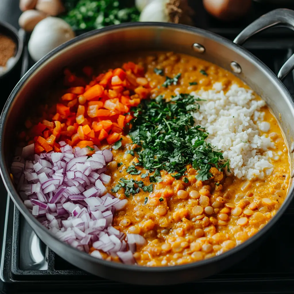 Step-by-step preparation process of creamy coconut lentil curry in a home kitchen.
