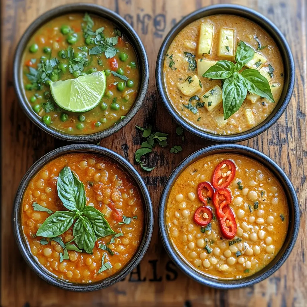 Different versions of coconut lentil curry with herbs, chili, and coconut milk.