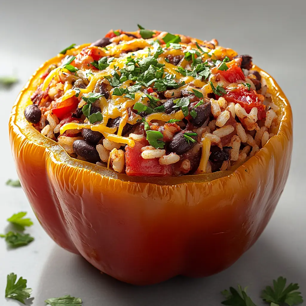 Stuffed bell pepper with rice, beans, and cheese on a clean white surface.