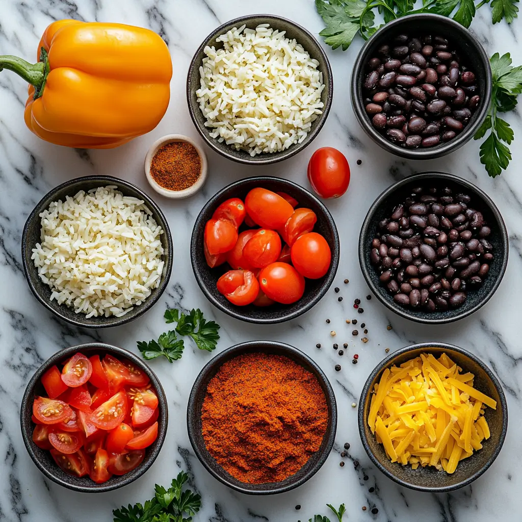 Ingredients for stuffed bell peppers arranged neatly on a marble countertop.