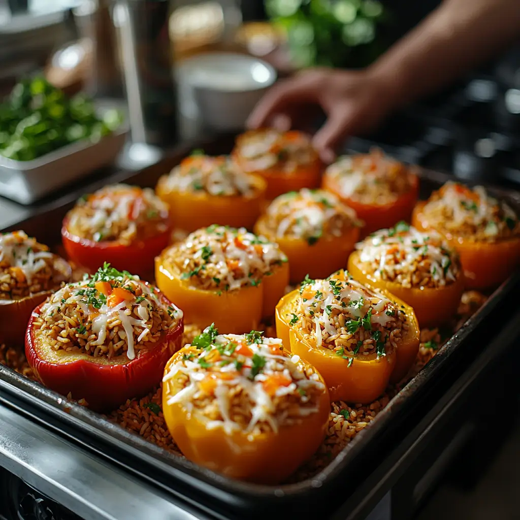 Steps showing how to make stuffed bell peppers with rice and vegetables.
